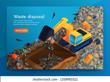 Flat Landing Waste Disposal at Huge Garbage Dump. Volunteer on Bulldozer Cleans Garbage Under Ground so that Decomposes there. Around Car Flying Crows. Disposal for Cleansing Planet from Waste