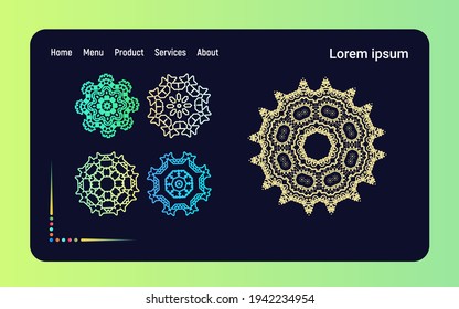 Webpage-Vorlage für flache Landung, Perfekt für den Druck auf Stoff oder Papier, Set von Ornament rund mandalas, Vektorgrafik. EPS10