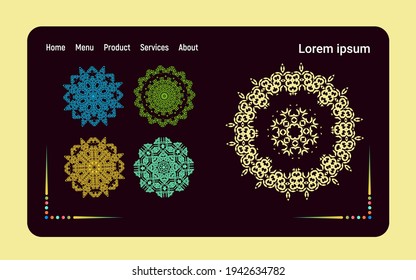 Flat landing web page Template, Perfect for printing on fabric or paper, Set of Ornament round mandalas, Vector illustration. EPS 10