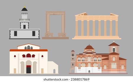 Flat landmarks of Greece Major tourist attractions include Acropolis in Athens, Akrotiri Lighthouse Santorini, Apollo Temple Naxos, Church Panagia Ekatontapiliani Paros, Hosios Loukas Monastery.