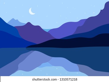 Flat landscape with Abstract Blue Mountain Peaks and Moon at night. Vacation, Recreation and Outdoor Banner. Restore and Meditation Texture Concept. Serenity Vector illustration background.