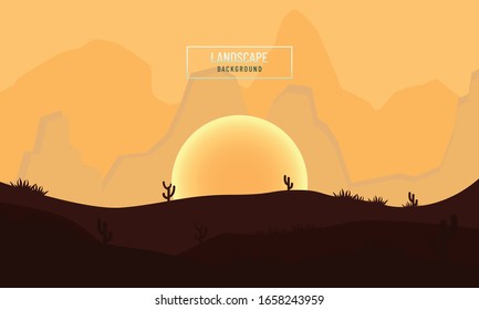 Flat landscape background with cactus and mountains in sunset concept.