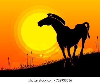 Flat landscape background,silhouette sunset horse. Vector illustration.