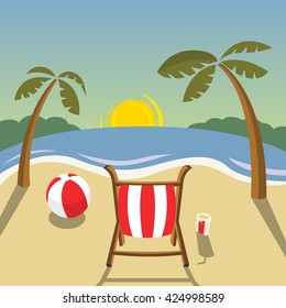 Flat landscape - beach sunset. Vector illustration format
