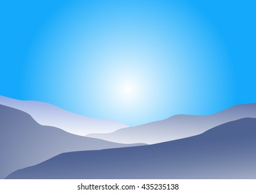 Flat landscape of blue mountain, cloud and sun with copy space.