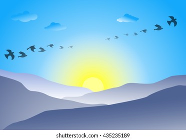 Flat landscape of blue mountain, cloud, sun and bird,meaning of freedom life and moving forward.