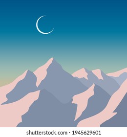 Flat landscape with blue mountains on the background of the morning sky with the moon. Minimalistic trending landscape 