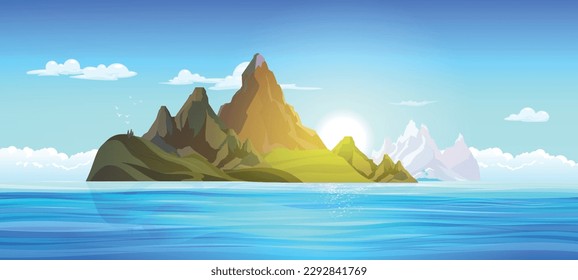 Flat landscape of blue sea and green islands with mountains on background with clear sky vector illustration