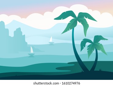 Flat landscape for cards, banners and posters. Marine theme for web sites and articles. Illustration for holidays and weekends. Vector, eps 10
