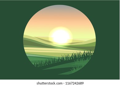 Flat landscape in circle. Concept logo design. Summer mountain rural landscape. Illustration of nature with summer hills, fields, grass, and sunrise/dawn.