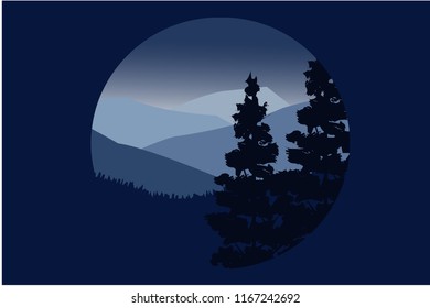 Flat landscape in circle. Concept logo design. Beautiful geometric illustration. Realistic vector illustration of nature landscape with forest, mountains, pines, and dark sky. Silhouette landscape.