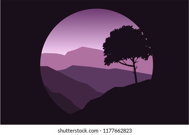 Flat landscape in circle. Concept logo design. Beautiful geometric illustration. Realistic vector illustration of nature landscape with mountains, tree, fog and sunrise. Silhouette landscape.