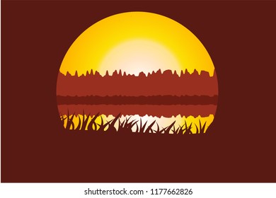 Flat landscape in circle. Concept logo design.Realistic vector illustration of nature landscape with forest, river, lake, tree and grass. Silhouette landscape.