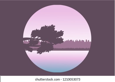 Flat landscape in circle. Concept logo design. Beautiful geometric illustration. Realistic vector illustration of nature landscape with forest, tree, river/lake, and sunrise. Silhouette landscape.