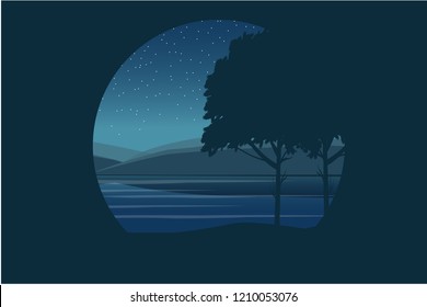 Flat landscape in circle. Concept logo design. Beautiful geometric illustration. Realistic vector illustration of nature landscape with forest, mountains, trees, river/lake, moon and stars.