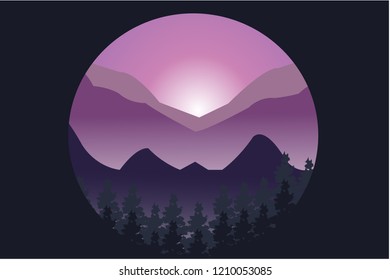 Flat landscape in circle. Concept logo design. Beautiful geometric illustration. Realistic vector illustration of nature landscape with mountains, tree, forest,fog and sunrise. Silhouette landscape.