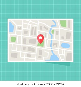 Flat Landscape City Map With Pin Isolated On Blue Tosca Grid Background