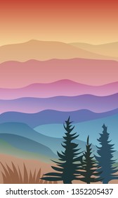 Flat landscape with colorful Mountain Peaks, trees and red sky at sunrise/sunset. Vacation and Outdoor Banner. Recreation and Meditation Texture Concept. Serenity Vector illustration background.