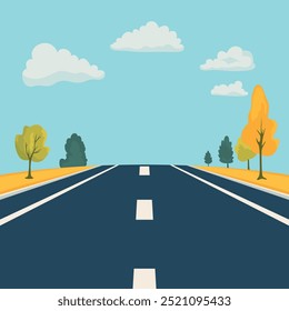 Flat Landscape Design with Road. Scenic Cartoon Highway, Nature Background. Cute Outdoors Scene with Road, Highway, Track, Front View. Vector Illustration