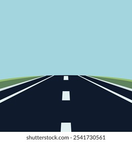 Flat Landscape Design with Road. Scenic Cartoon Highway, Nature Background. Cute Outdoors Scene with Road, Highway, Track, Front View. Vector Illustration