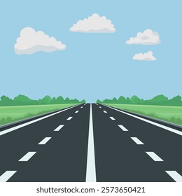 Flat Landscape Design with Road. Scenic Cartoon Highway, Nature Background. Cute Outdoors Scene with Road, Highway, Track, Front View. Vector Illustration