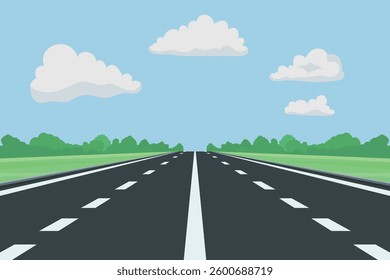 Flat Landscape Design with Road. Scenic Cartoon Highway, Nature Background. Cute Outdoors Scene with Road, Highway, Track, Front View. Vector Illustration