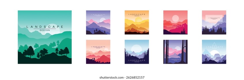 Flat Landscape Design Square View and Scene Vector Set