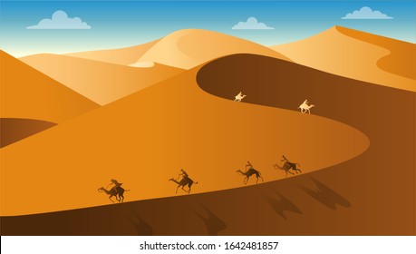 Flat landscape design vector illustration with desert, caravan of camels. Vector illustration.