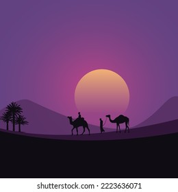 Flat landscape design vector illustration with desert and camel