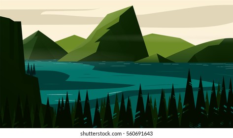 Flat landscape design vector illustration with hill and lake in summer