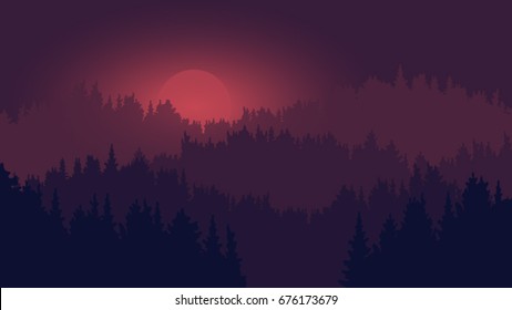 Flat landscape with forest hills and sunset.