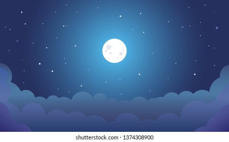 Flat landscape with Full Moon, stars and clouds at gradient sky at night. Recreation and Meditation Texture Concept. Serenity Vector illustration background.