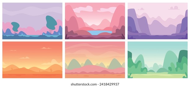 Flat landscape. Gaming stylized backgrounds with trees sky and mountains exact vector abstract nature pictures collection