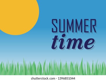 Flat landscape with grass and sky and text summer