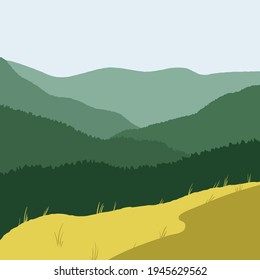 Flat landscape with green mountains and yellow grass field. Minimalistic trending landscape 