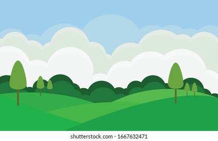 Flat landscape with green yard and tree on blue sky background.