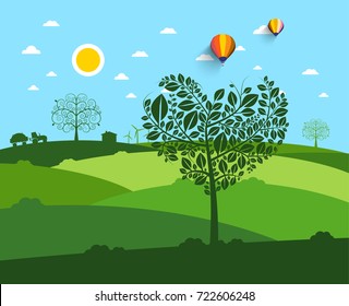 Flat Landscape with Heart Shaped Tree on Foreground and Field on Background.