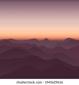 Paisaje plano con colinas contra el cielo atardecer en tonos morados. Un paisaje de tendencia minimalista