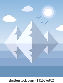 Flat landscape with Iced Mountain Peaks and Birds. Iceberg with reflection in the sea for Vacation and Outdoor Banner. Recreation, Restore Meditation Texture. Serenity Vector illustration background.