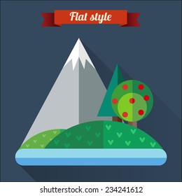 Flat landscape icon design with mountain, lake, river, forest, trees, grass.