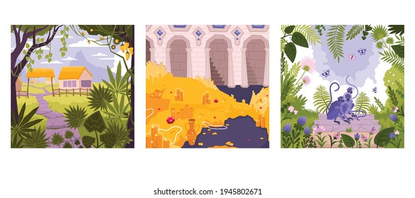 Flat landscape icon set with gold room village in the jungles and group of monkeys vector illustration