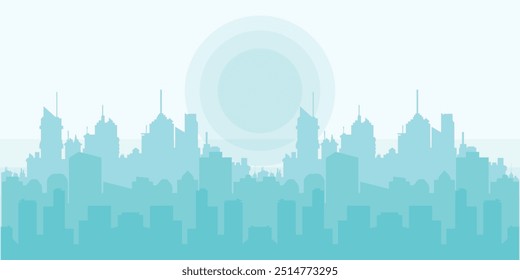 Flat landscape illustration of city building silhouette turquoise color