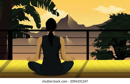 Flat landscape illustration of a girl doing morning yoga with mountains, trees and cloud 