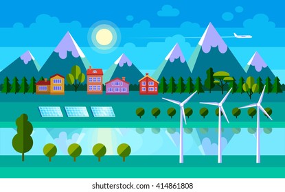 Flat landscape illustration. Green energy. 
