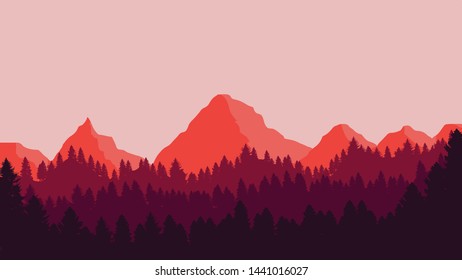 Flat Landscape Illustration, with Mountains and Forest background. Vector