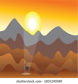flat landscape illustration of the mountains sunset time in the afternoon, colorful vector design background