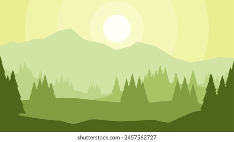 Flat landscape illustration of pine forest silhouette in the morning