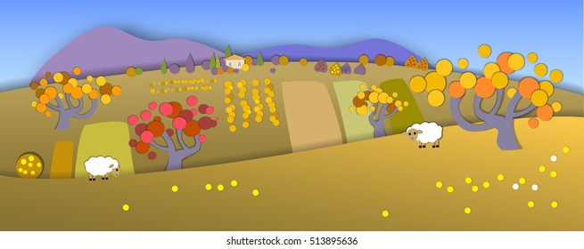 Flat Landscape Illustration with smooth shadows. Autumn fields and meadows, countryside. Paper cut style.