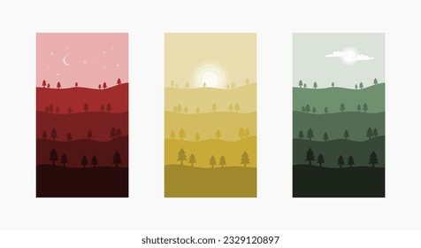 Flat landscape illustration vector design, mountain at night, evening, and midday scene, scenery vetor fit for wallpaper, website and other purpose