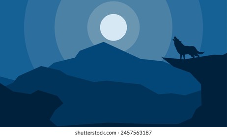 Flat landscape illustration of a wolf howling at cliff in the night